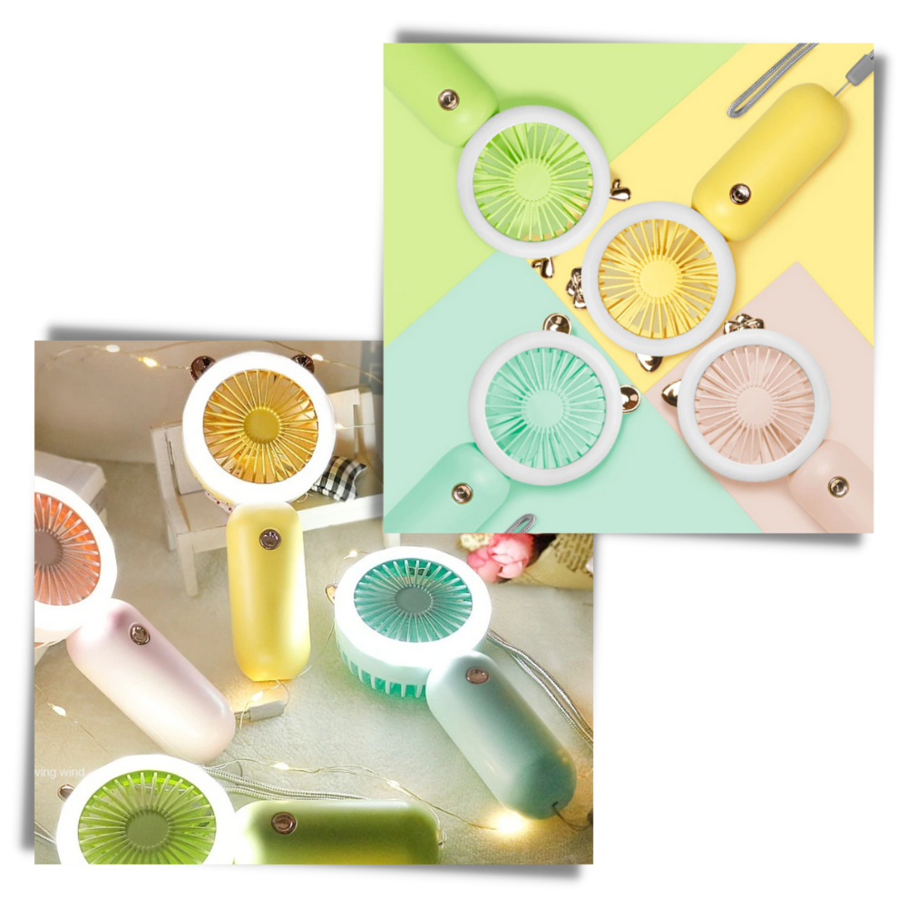 Ventilador USB de mão Muyan com lâmpada LED embutida, ideal para refrigeração e iluminação portátil.