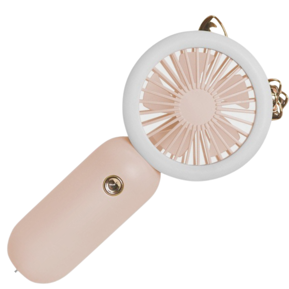 Ventilador USB de bolso Muyan com luz LED rosa, portátil para resfriamento e aquecimento, compacto e eficiente.