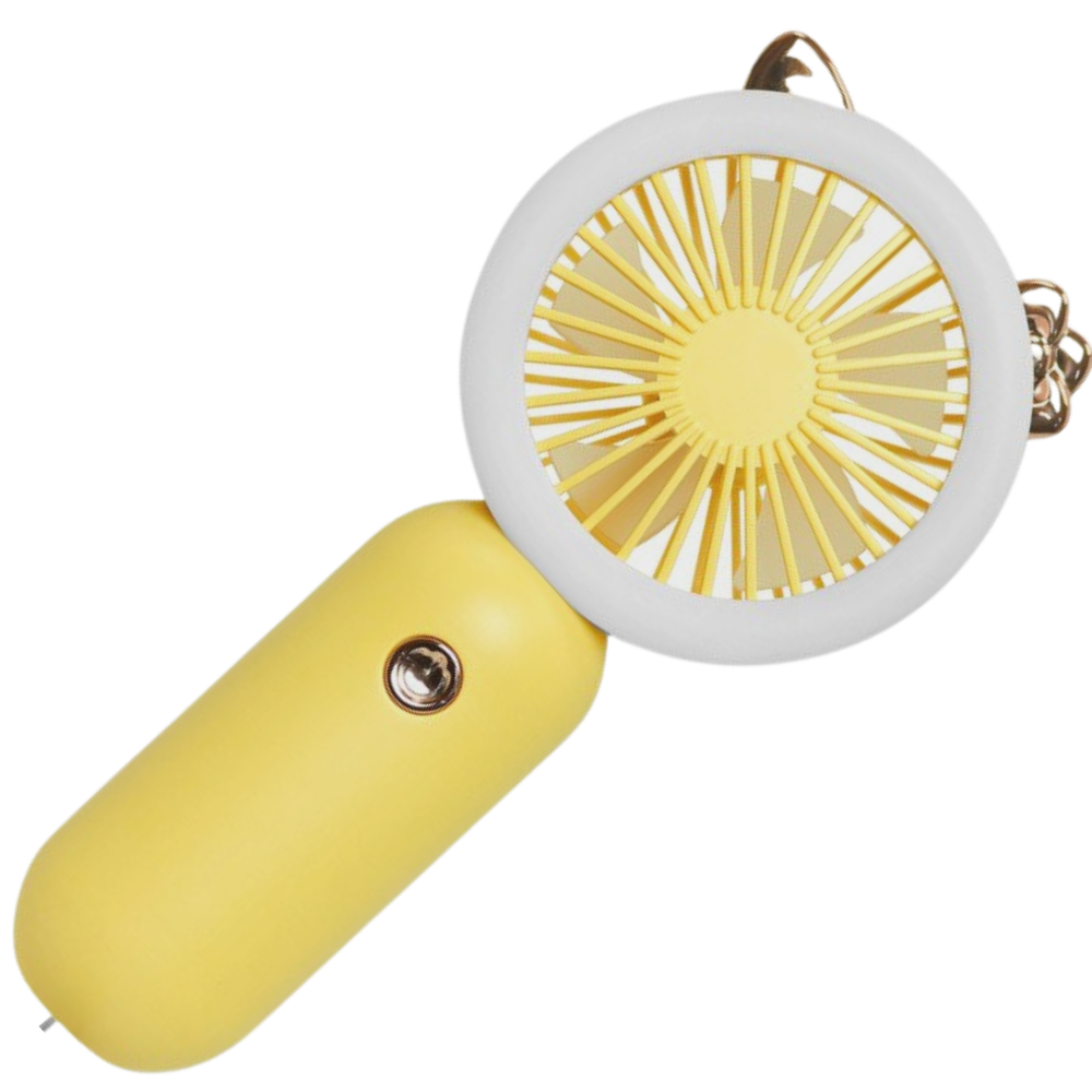 Ventilador USB portátil de mão com LED amarelo da Muyan, ideal para resfriar e iluminar ambientes pequenos.