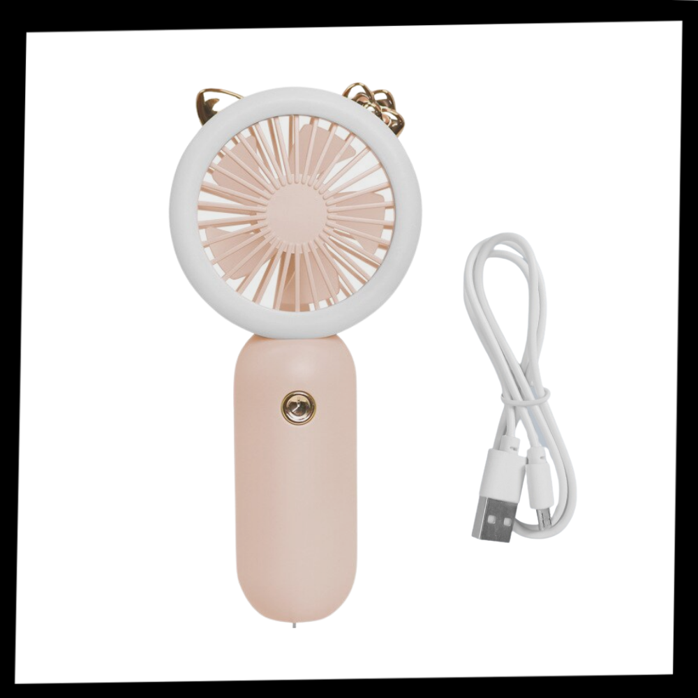 Ventilador USB de bolso Muyan com luz LED, portátil, ideal para resfriar ou aquecer em viagens ou escritórios.