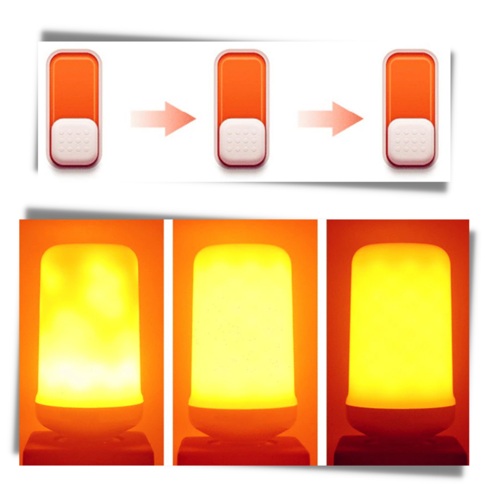Lâmpada LED efeito chama da marca Nafxzy com modos de iluminação variados, criando efeito de fogo realista.