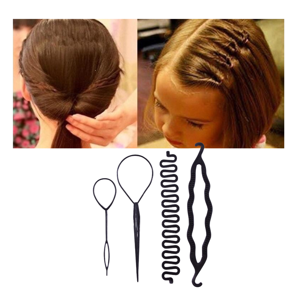 Kit de acessórios para cabelo Andoer para trançar, incluindo elásticos, grampos e ferramentas para penteados fáceis.