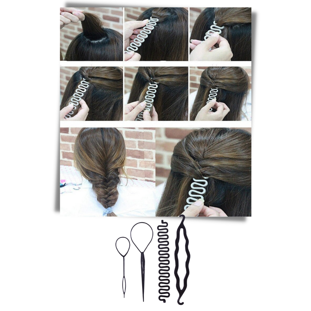Kit de acessórios para cabelo Andoer, incluindo elásticos, grampos e fitas para penteados e tressagens.