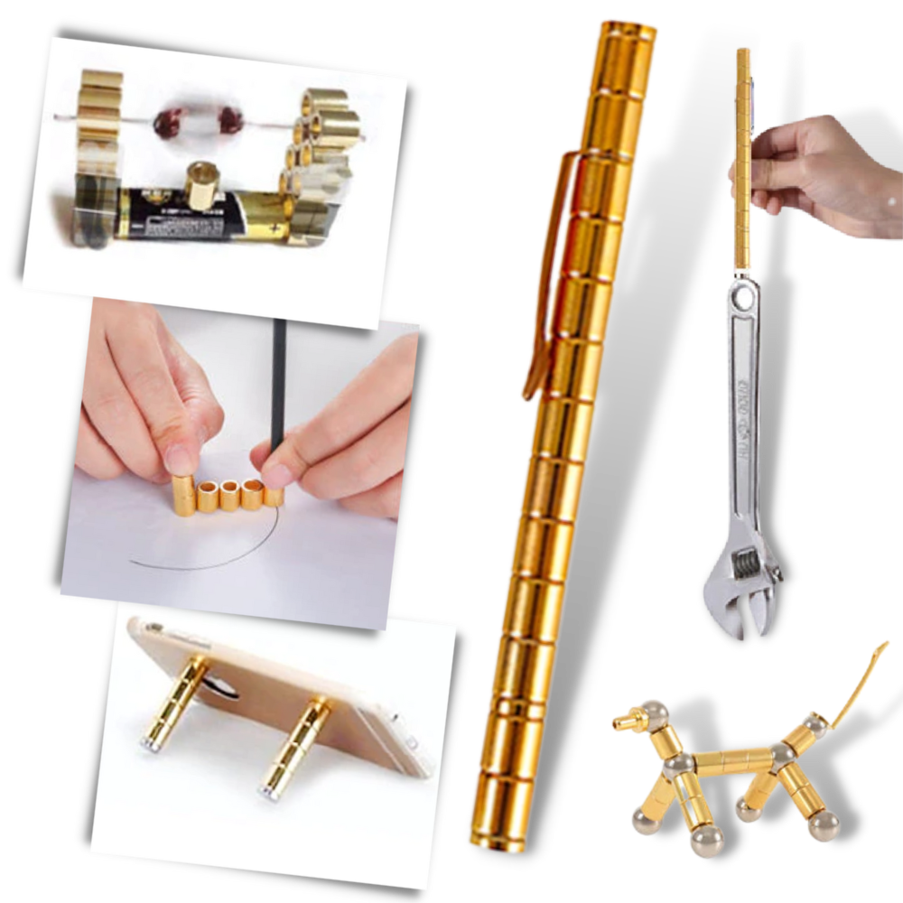 Caneta magnética anti-estresse Qhou para escrita e desenho, com design ergonômico e detalhes magnéticos visíveis na imagem.