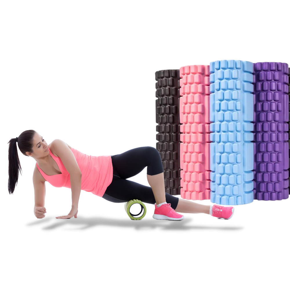 Rolo de espuma preto para massagem, ideal para exercícios de Pilates e yoga, mostra textura macia e superfície lisa