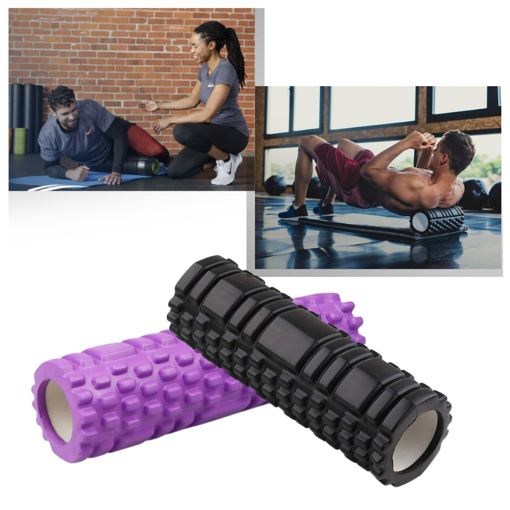 Rolo de espuma Black para exercícios de massagem, ideal para Pilates e yoga, com superfície texturizada para relaxamento muscular.