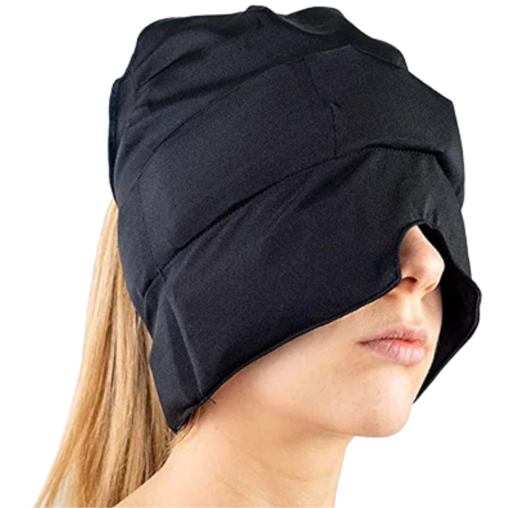Capucho de primeiros socorros Kakafy para aliviar dores de cabeça e enxaqueca, em cor preta, com design confortável.