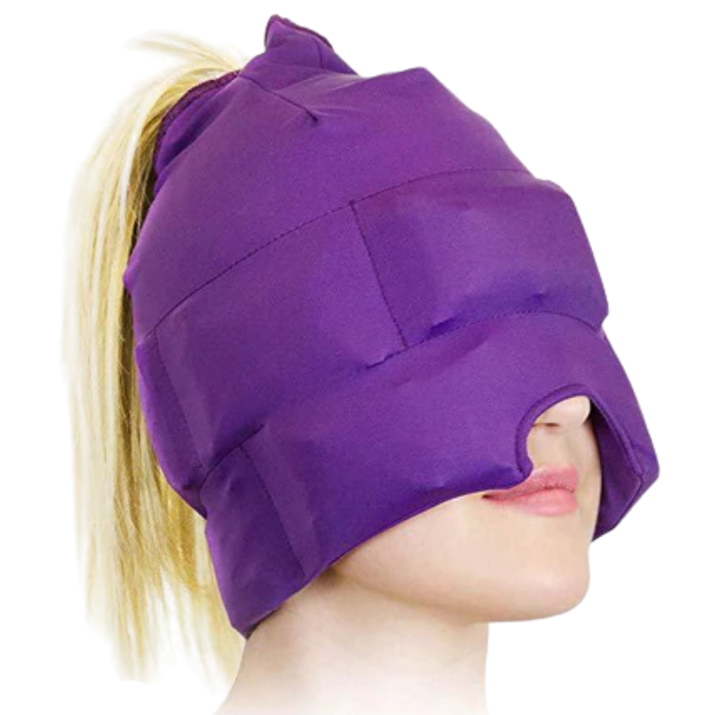 Capuz de primeiros socorros Kakafy para alívio de dores de cabeça e enxaqueca, na cor roxa, para uso relaxante e de emergência.