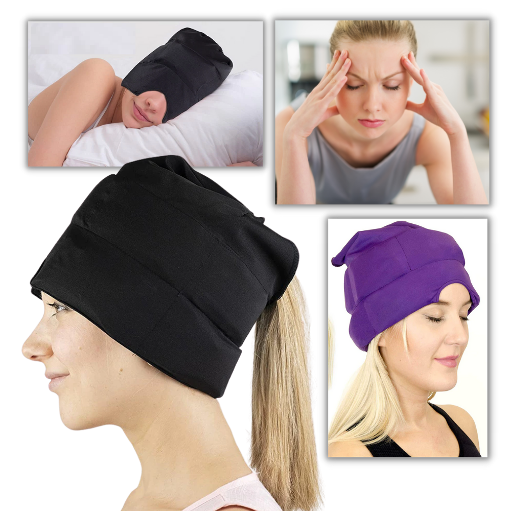 Boné de primeiros socorros Kakafy para dores de cabeça e enxaqueca, com design confortável e ajustável para alívio rápido.