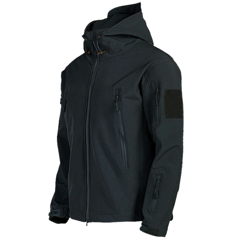 Jaqueta militar preta Tacvasen, veste de roupas de uso ao ar livre, com detalhes robustos e estilo tático.