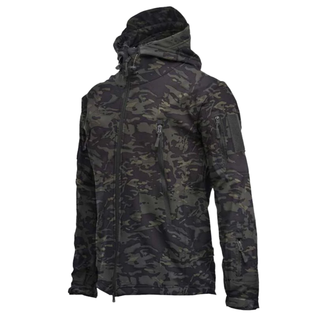 Jaqueta militar Tacvasen de camuflagem preta para roupas de exterior, com detalhes resistentes e design tático.