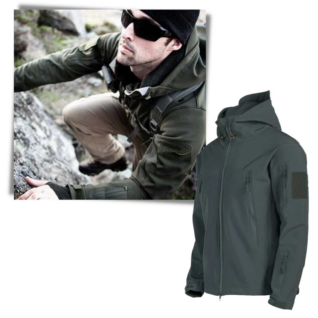 Jaqueta militar Tacvasen de roupas de exterior, respirável, com detalhes em camuflagem e bolsos frontais.