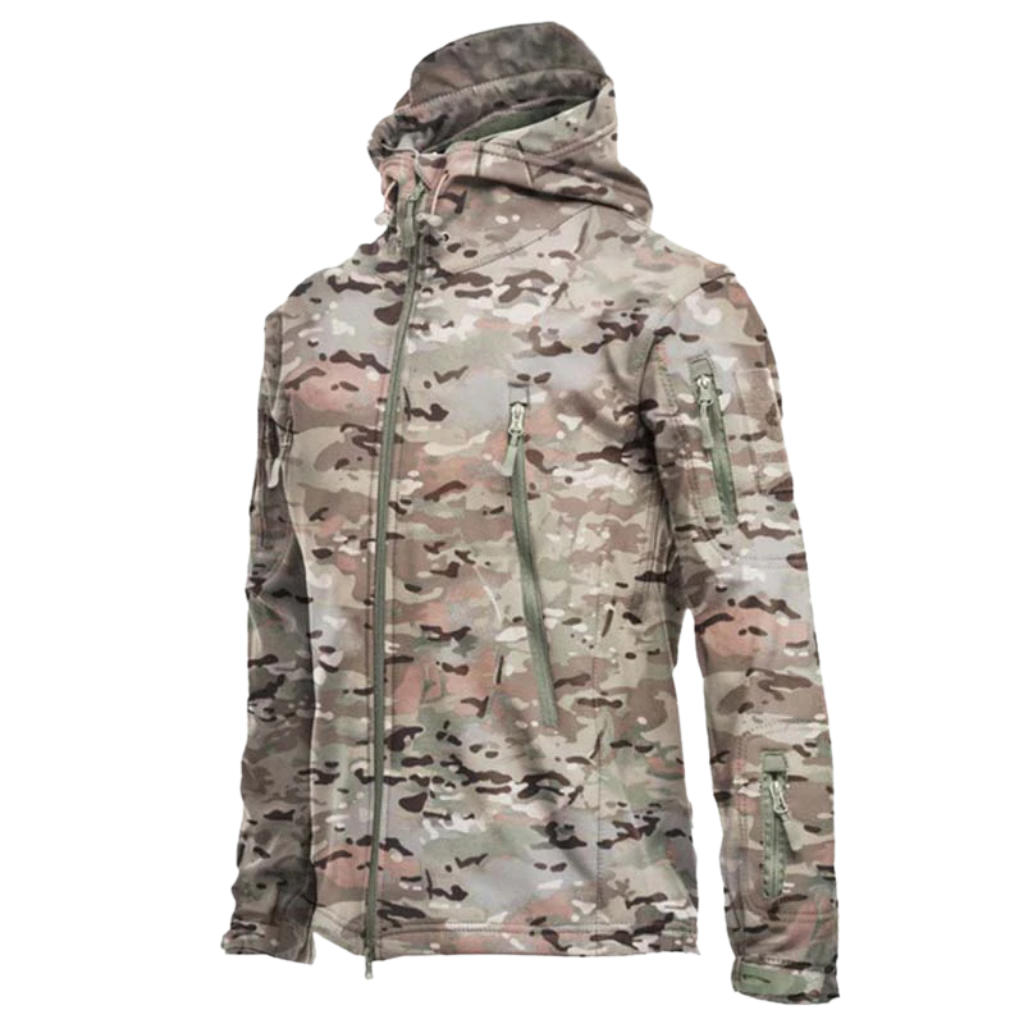 Jaqueta militar Tacvasen de roupas de exterior, com detalhes em tom camuflado e bolsos laterais visíveis na imagem.