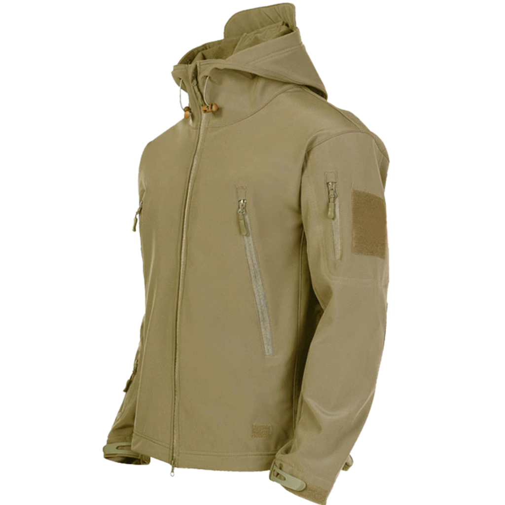 Jaqueta militar Tacvasen em tecido caqui para roupas de exterior, com detalhes funcionais e estilo robusto.