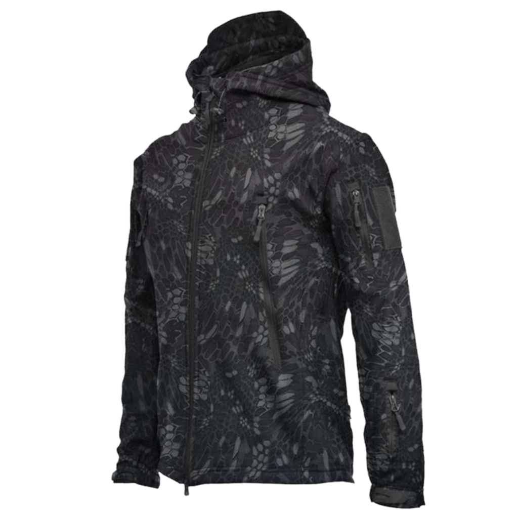 Jaqueta militar Tacvasen de roupa de exterior com estampa de cobra preta, ideal para atividades ao ar livre.