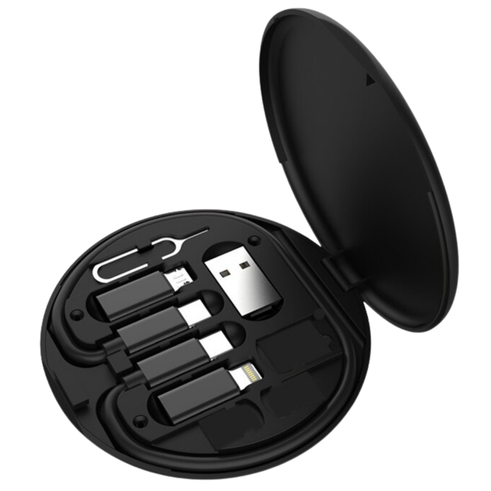 Caixa de armazenamento multifuncional preta para cabos de eletrônicos, organizada e compacta, ideal para gadgets.