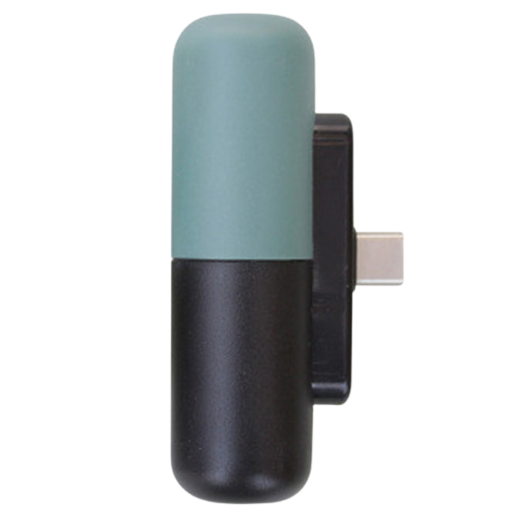 Carregador portátil em forma de cápsula azul Hesxuno com porta Type-C, compacto e prático para recarga rápida.