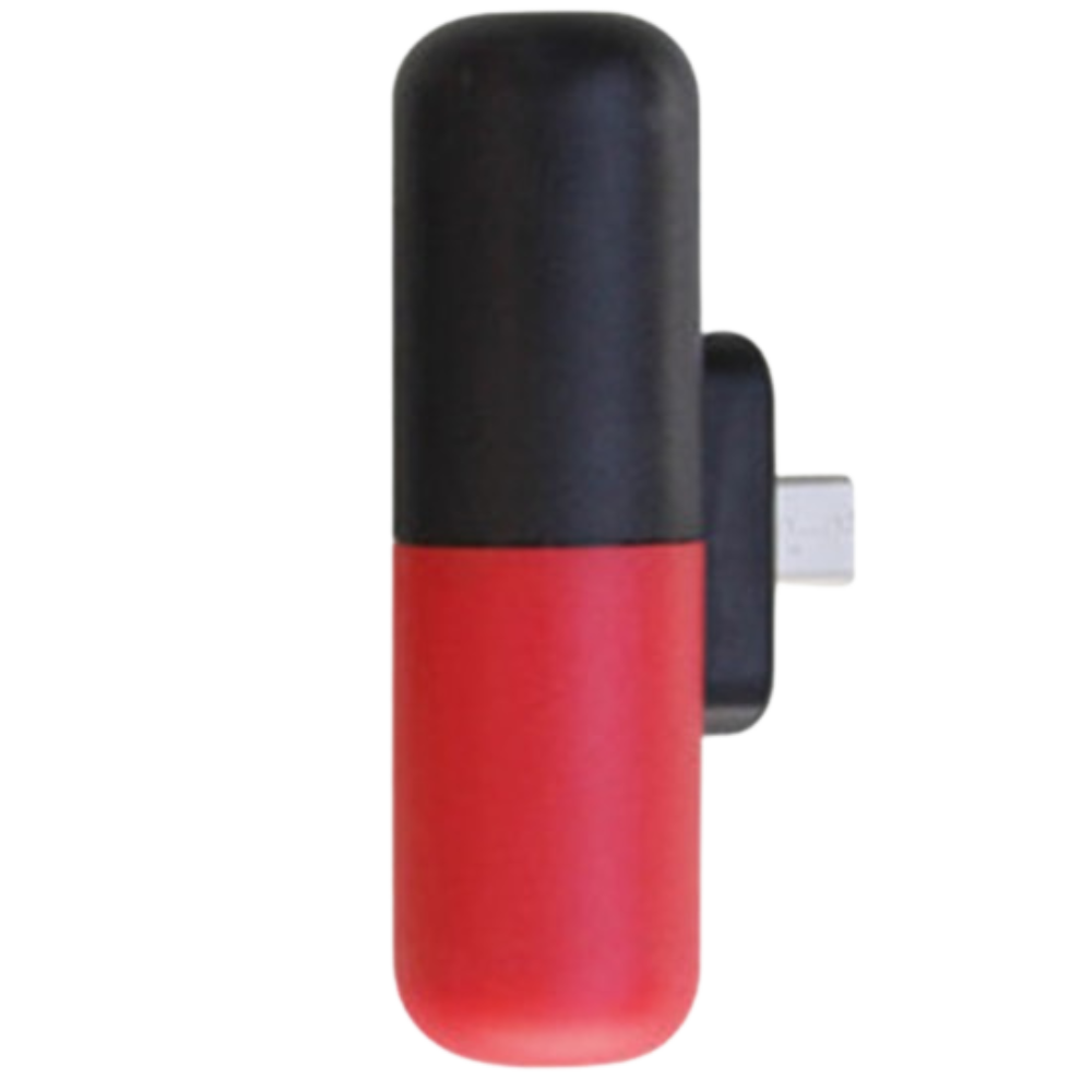 Carregador portátil em forma de cápsula vermelha Hesxuno com porta micro USB, compacto e portátil para recarregar dispositivos.