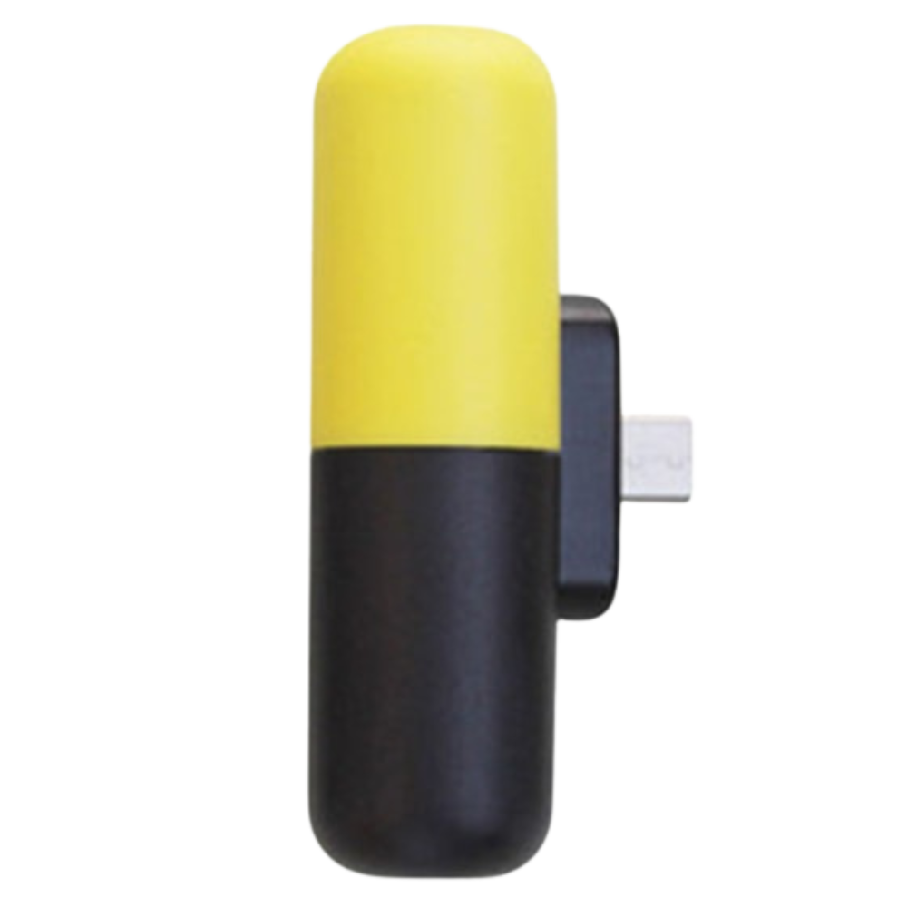 Carregador portátil em forma de cápsula Hesxuno amarelo com conector Micro USB, compacto e prático para recarga rápida.
