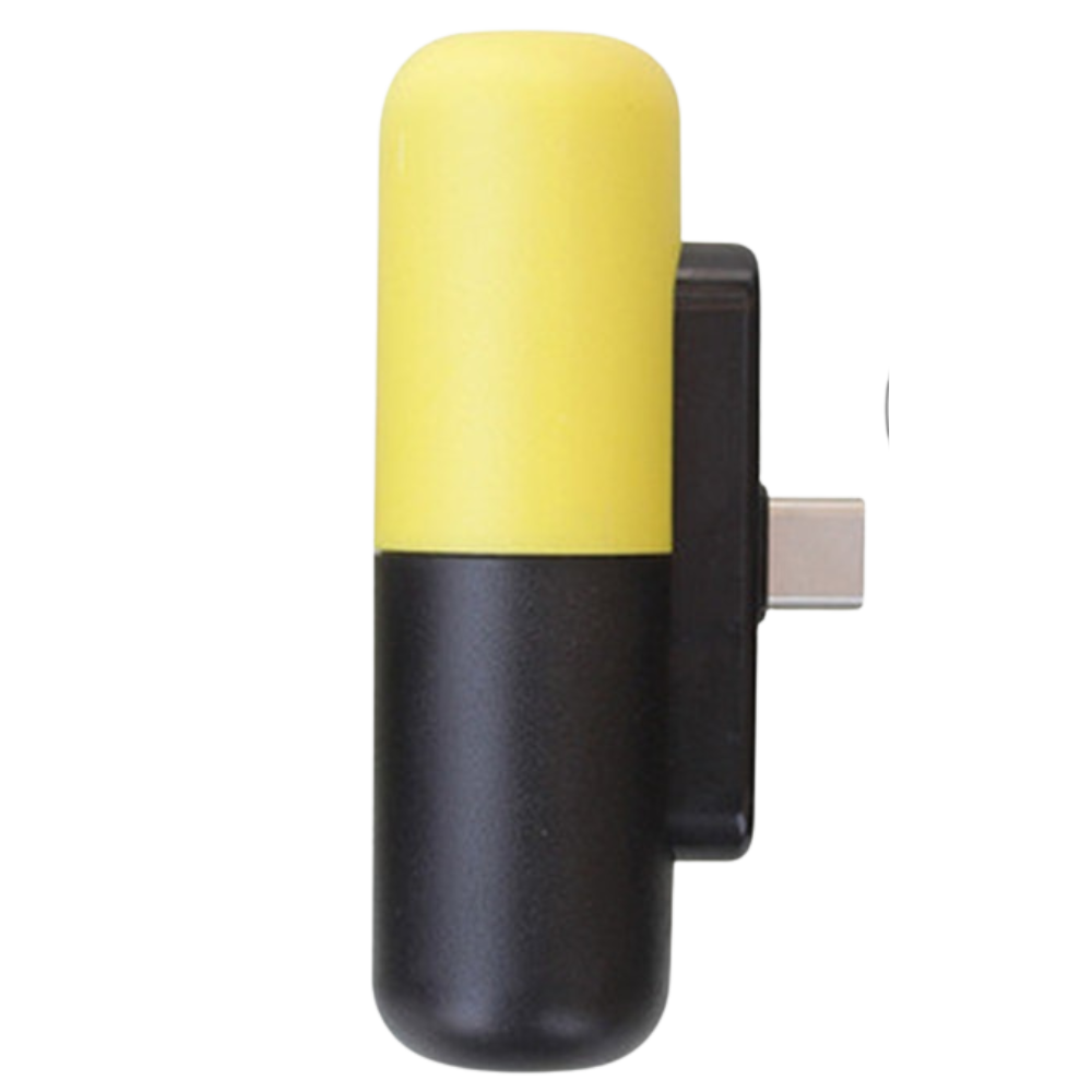 Carregador portátil em forma de cápsula Hesxuno amarelo, compacto e portátil para recarga de dispositivos móveis.