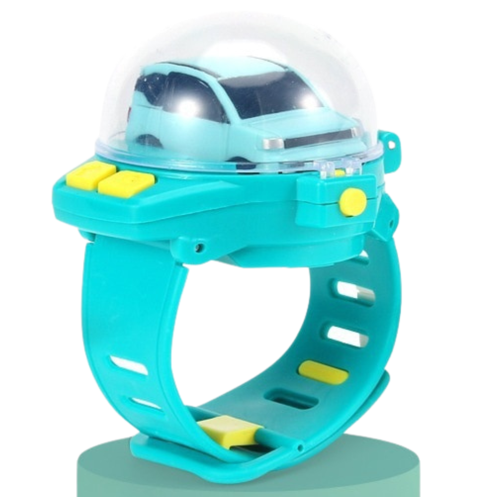 Relógio de carro de brinquedo recarregável Apmemiss, veículo de jogo em tom verde com detalhes em preto e design compacto.