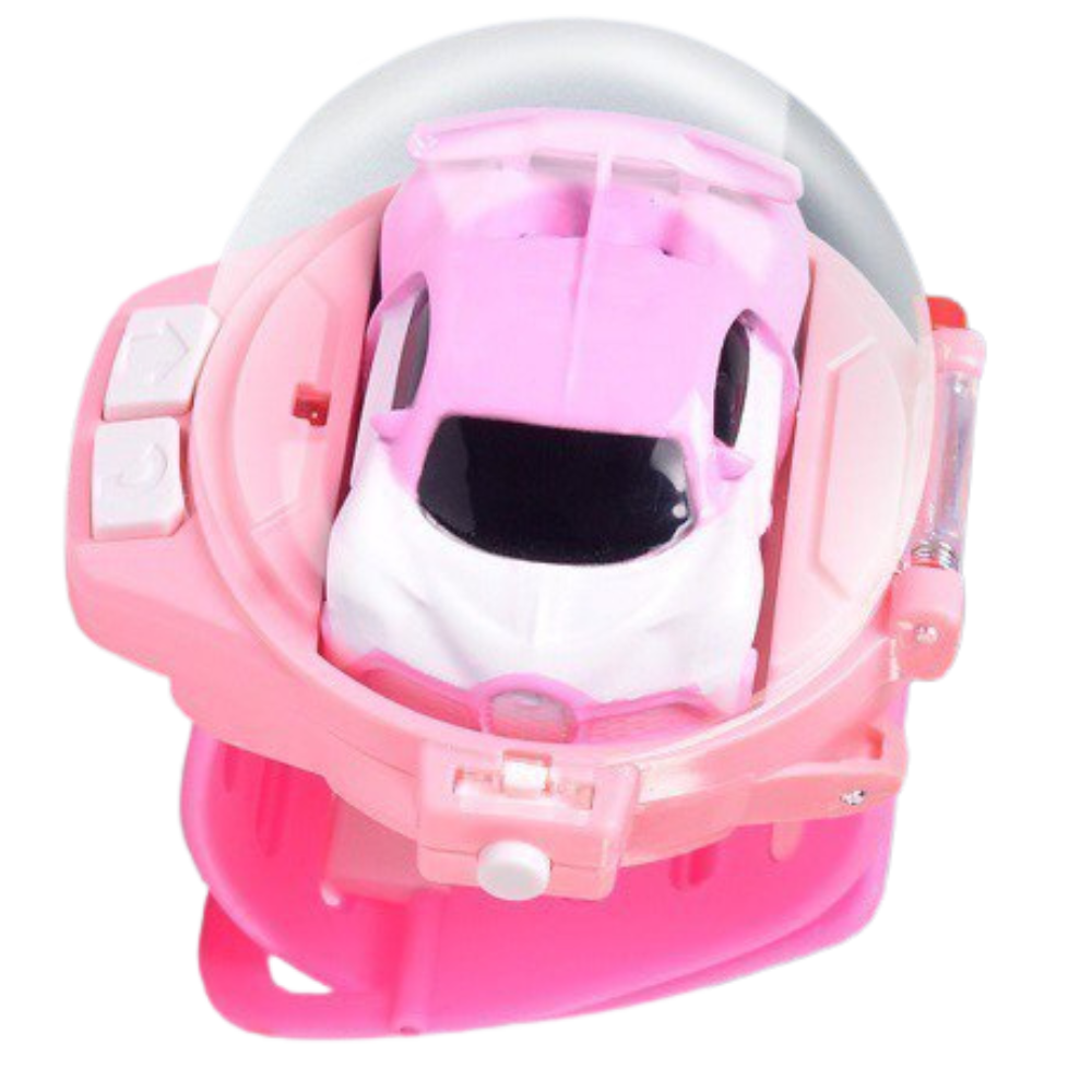 Relógio de carro de brinquedo recarregável Apmemiss, veículo de jogo em rosa com detalhes coloridos e controle remoto.