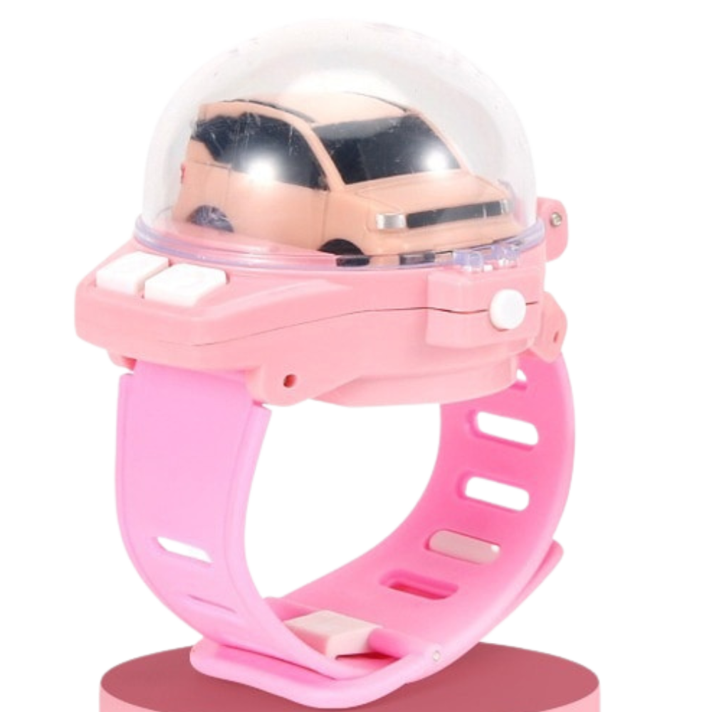 Relógio de carro de brinquedo recarregável Apmemiss, veículo de jogo miniatura na cor rosa, com detalhes visíveis na imagem.