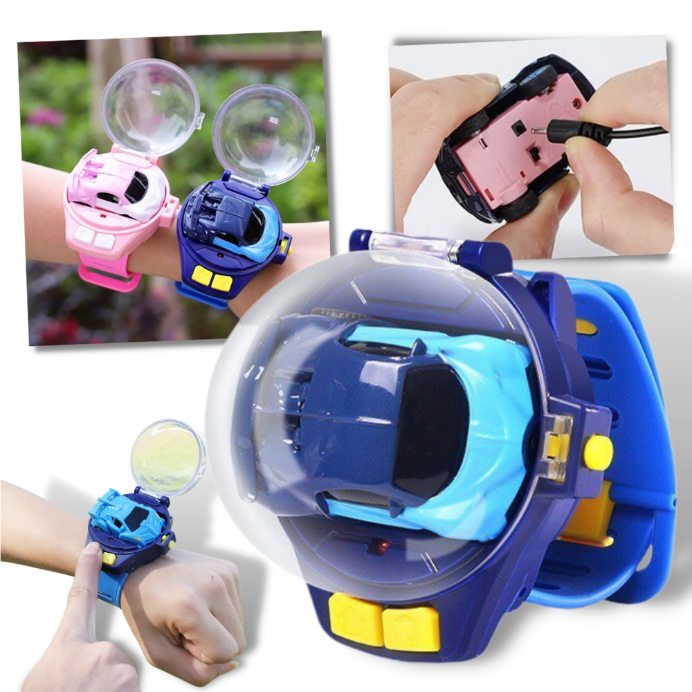 Relógio de carro de brinquedo recarregável da marca Apmemiss, com design de veículo de jogo em cores vibrantes.