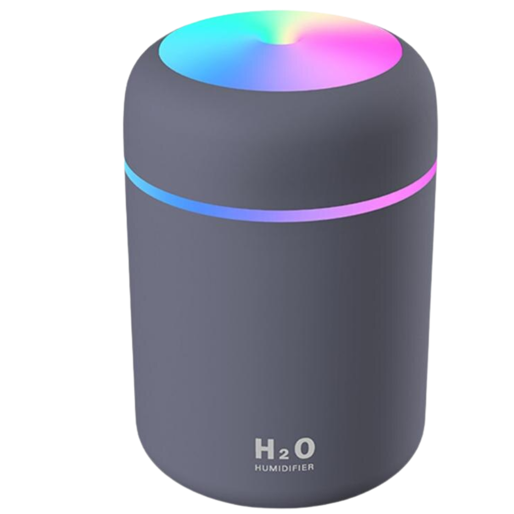 Um mini umidificador de ar cinza da Hqzy, com função de difusor de óleos essenciais, acessório para umidificadores.