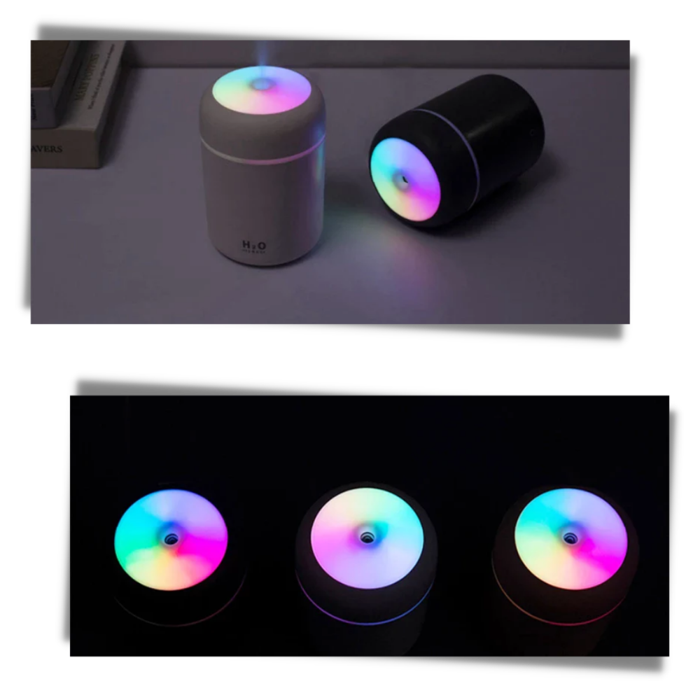 Mini umidificador de ar e difusor de óleos essenciais Hqzy com luzes noturnas, ideal para ambientes internos e bem-estar.
