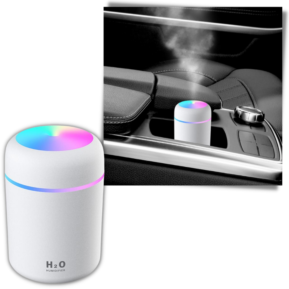 Um mini umidificador de ar portátil da marca Hqzy, com design leve e compacto para difusão de óleos essenciais.