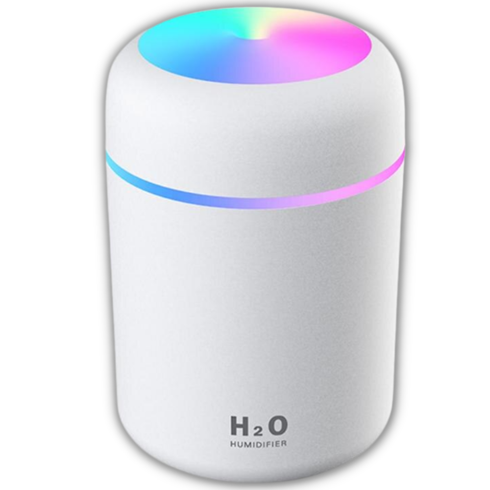 Um mini umidificador de ar branco da Hqzy com função de difusor de óleos essenciais, ideal para ambientes pequenos.