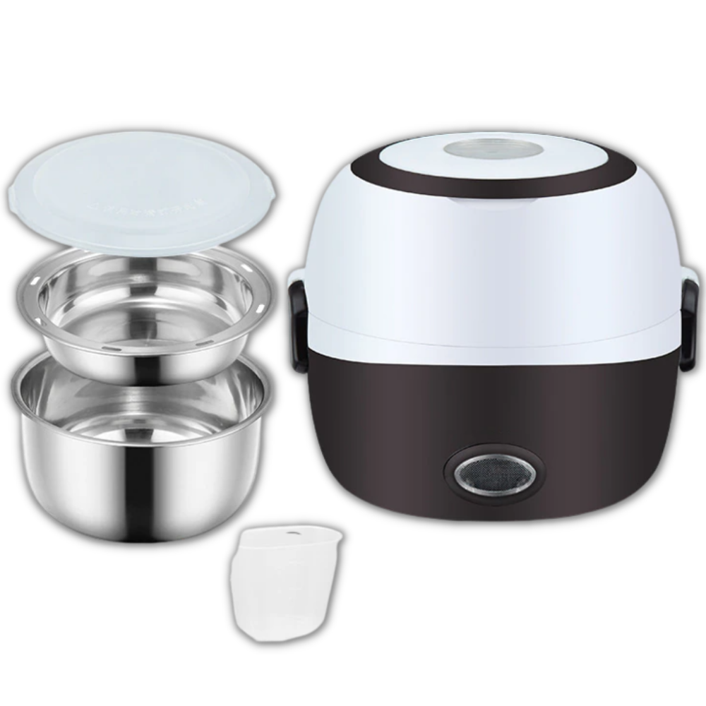 Mini panela elétrica Liveday preta de dois camadas, eletrodoméstico de cozinha compacto e prático para preparo de alimentos.