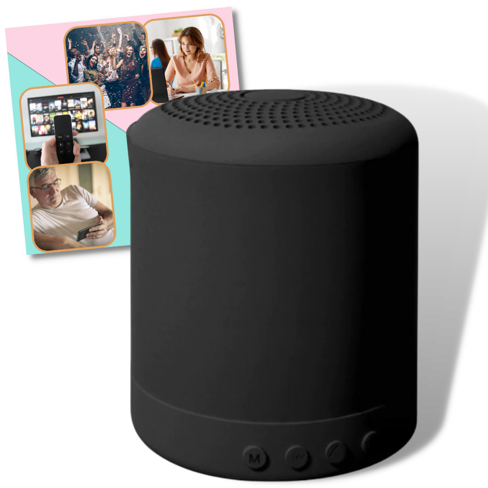 Mini alto-falante Bluetooth Worallymy, componente de áudio compacto com controle de volume e conexão sem fio.