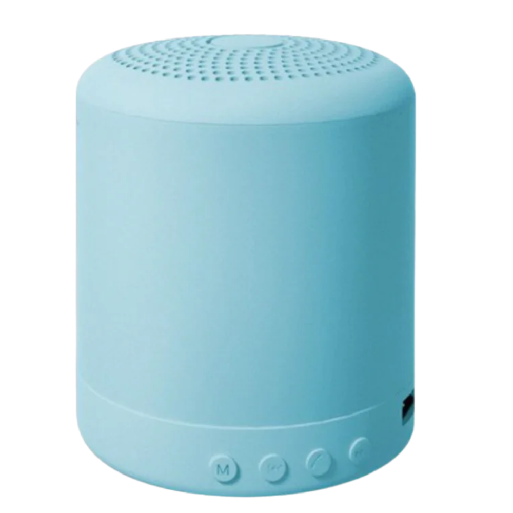 Mini alto-falante Bluetooth Worallymy azul, componente de áudio compacto com controle de volume, ideal para som portátil.