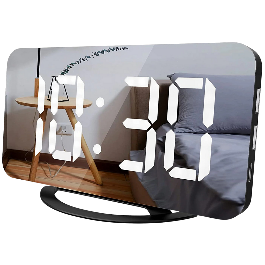 Relógio despertador digital multifuncional Lianwany com tela preta, display claro e design compacto para mesa ou cômodo.