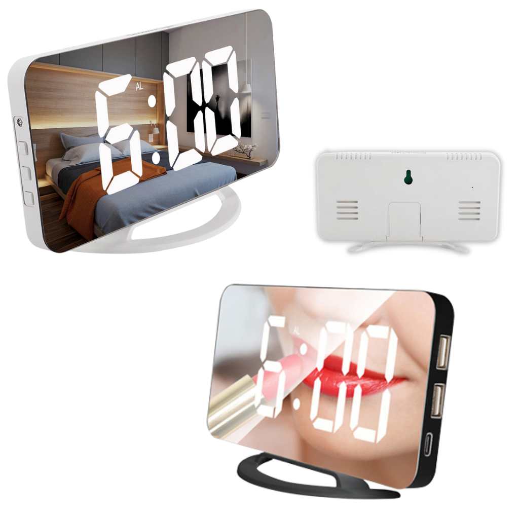 Relógio digital multifuncional Lianwany com espelho, display claro e design moderno, ideal para decoração de quarto ou escritório.