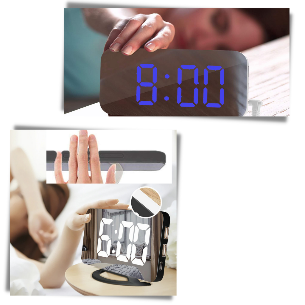 Relógio despertador digital multifuncional Lianwany com display inteligente e design moderno, visto de frente.
