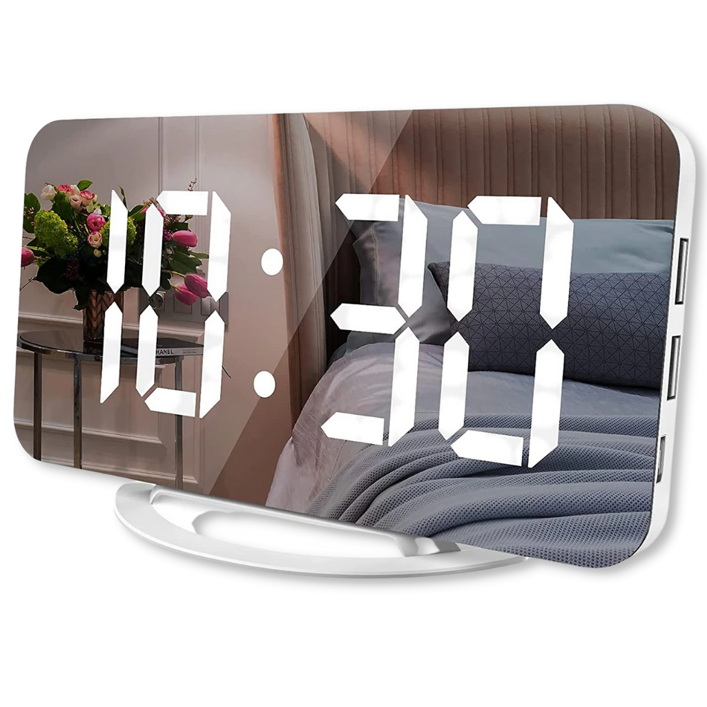 Relógio despertador digital multifuncional Lianwany branco com tela de exibição e controle fácil.