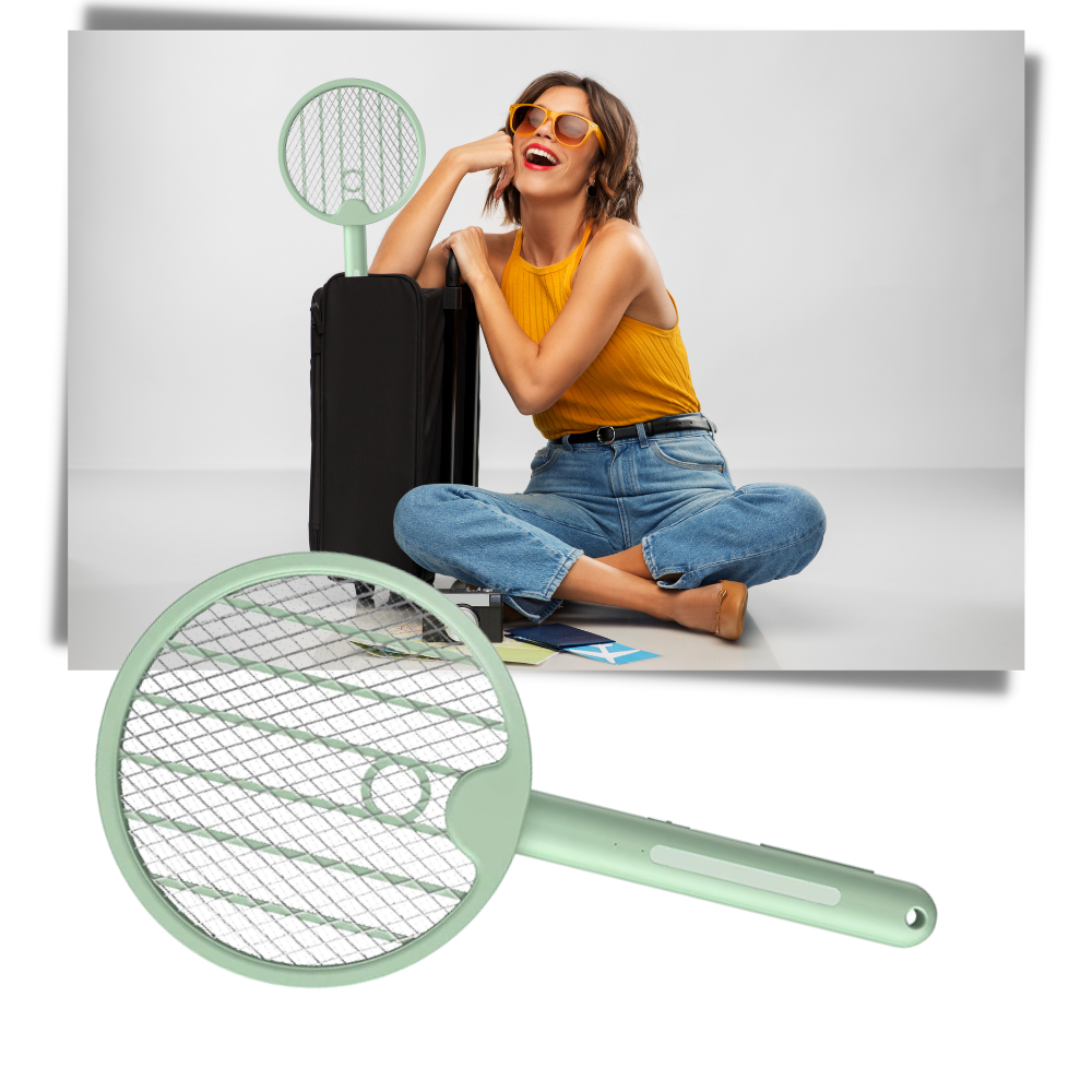 Raquete anti-mosquito dobrável 2 em 1 da Sutowe para camping e trilhas, com design portátil e funcionalidade dupla.