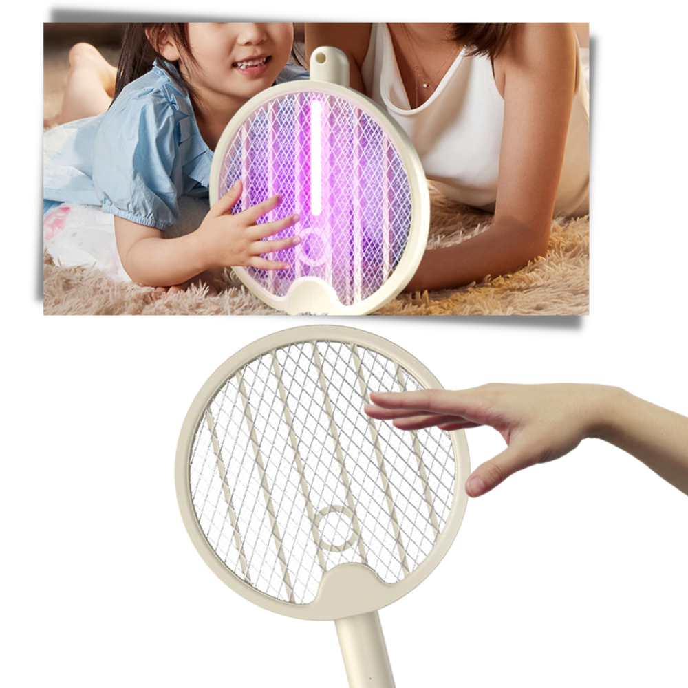 Raquete anti-mosquito dobrável 2-em-1 da Sutowe para camping e caminhadas, com tela de proteção e estrutura leve.