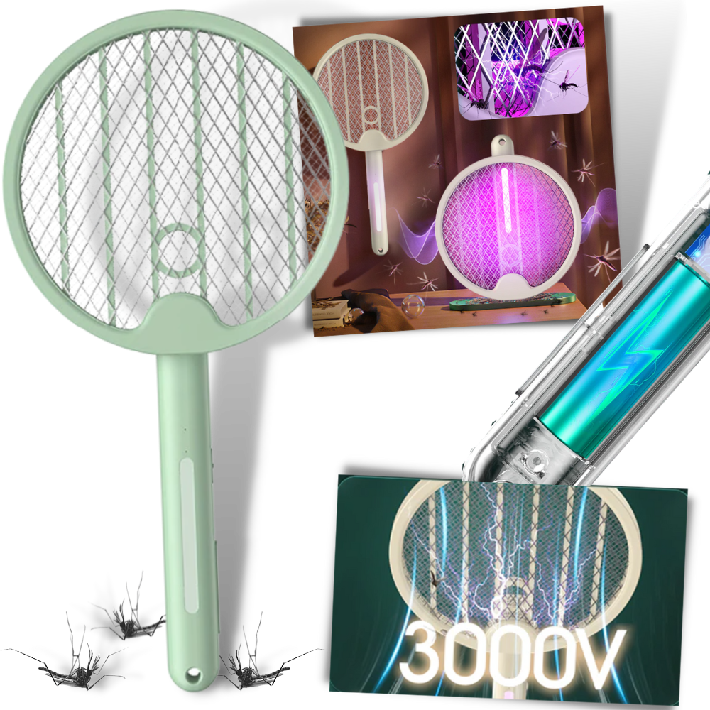 Raquete anti-mosquito plegável 2 em 1 da Sutowe, ideal para camping e trilhas, com detalhes visíveis na imagem.