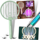 Raquete anti-mosquito plegável 2 em 1 da Sutowe, ideal para camping e trilhas, com detalhes visíveis na imagem.