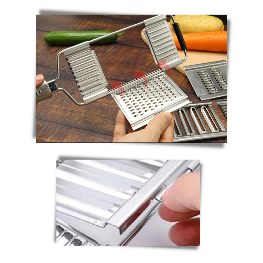 Râpe e éminceur de cuisine Fly Sunton, utensílio multifuncional com lâminas intercambiáveis para ralar e fatiar alimentos.
