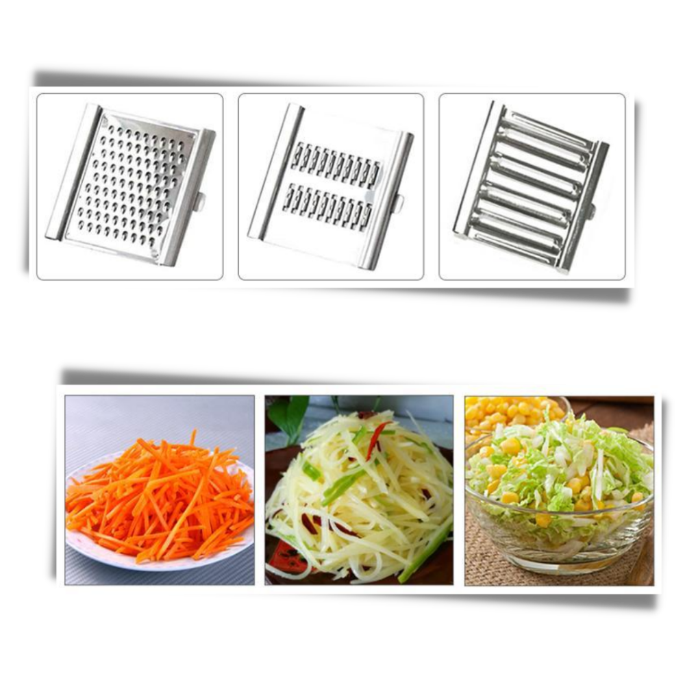 Râpe e éminceur de cuisine Fly Sunton com três lâminas manuais para ralar, fatiar e cortar alimentos de forma prática.