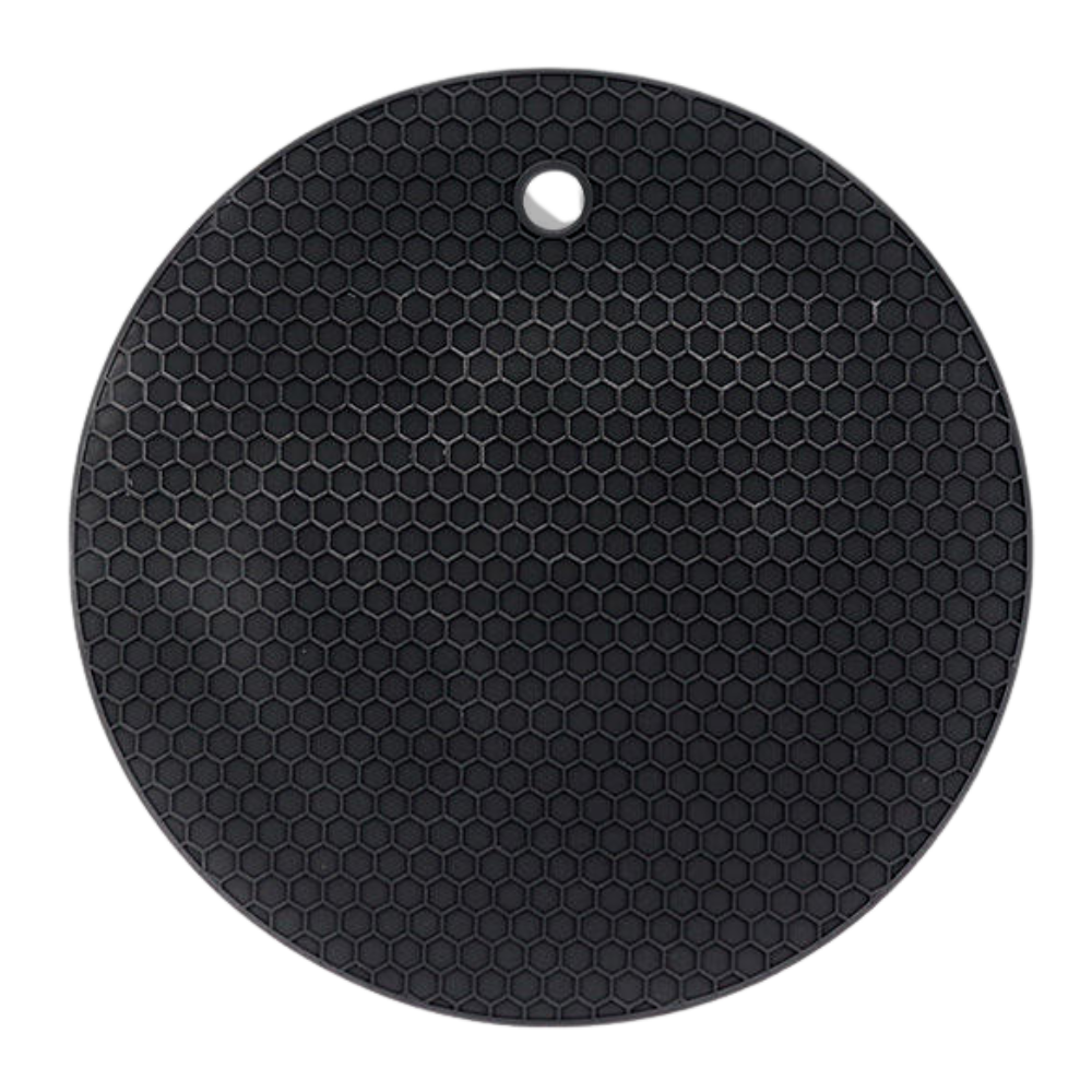 Sous-verre porte-pot em silicone preto da Unattainy, resistente e flexível, ideal para proteção de superfícies na cozinha.