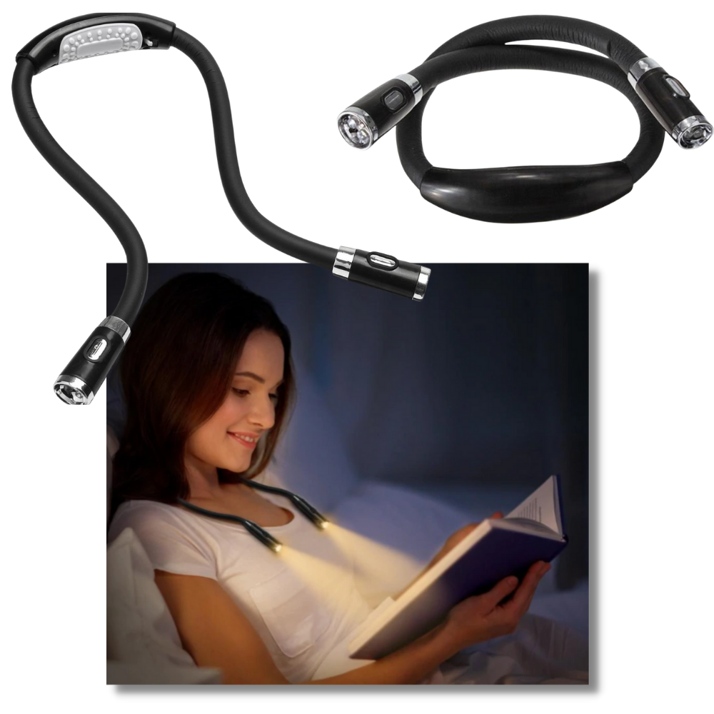 Lâmpada de leitura LED para pescoço da marca Ourleeme, confortável e flexível, com design ajustável para leitura prática.