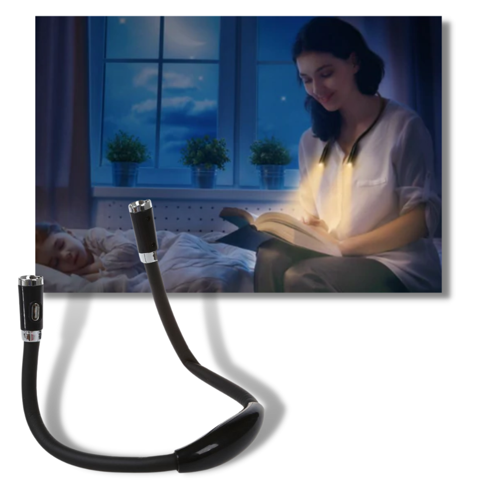 Lâmpada de leitura LED para pescoço da marca Ourleeme, com luz discreta, ajustável e portátil para leitura confortável.