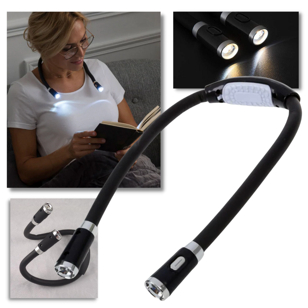 Lâmpada de leitura LED para o pescoço da marca Ourleeme, com luz ajustável para leitura confortável.
