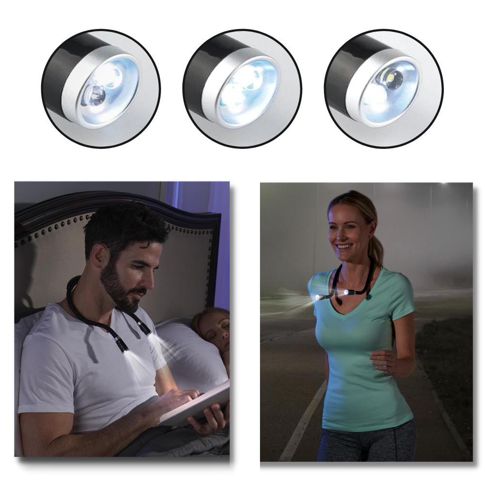 Lâmpada de leitura LED para pescoço da marca Ourleeme, com múltiplos modos de iluminação, visível na imagem.